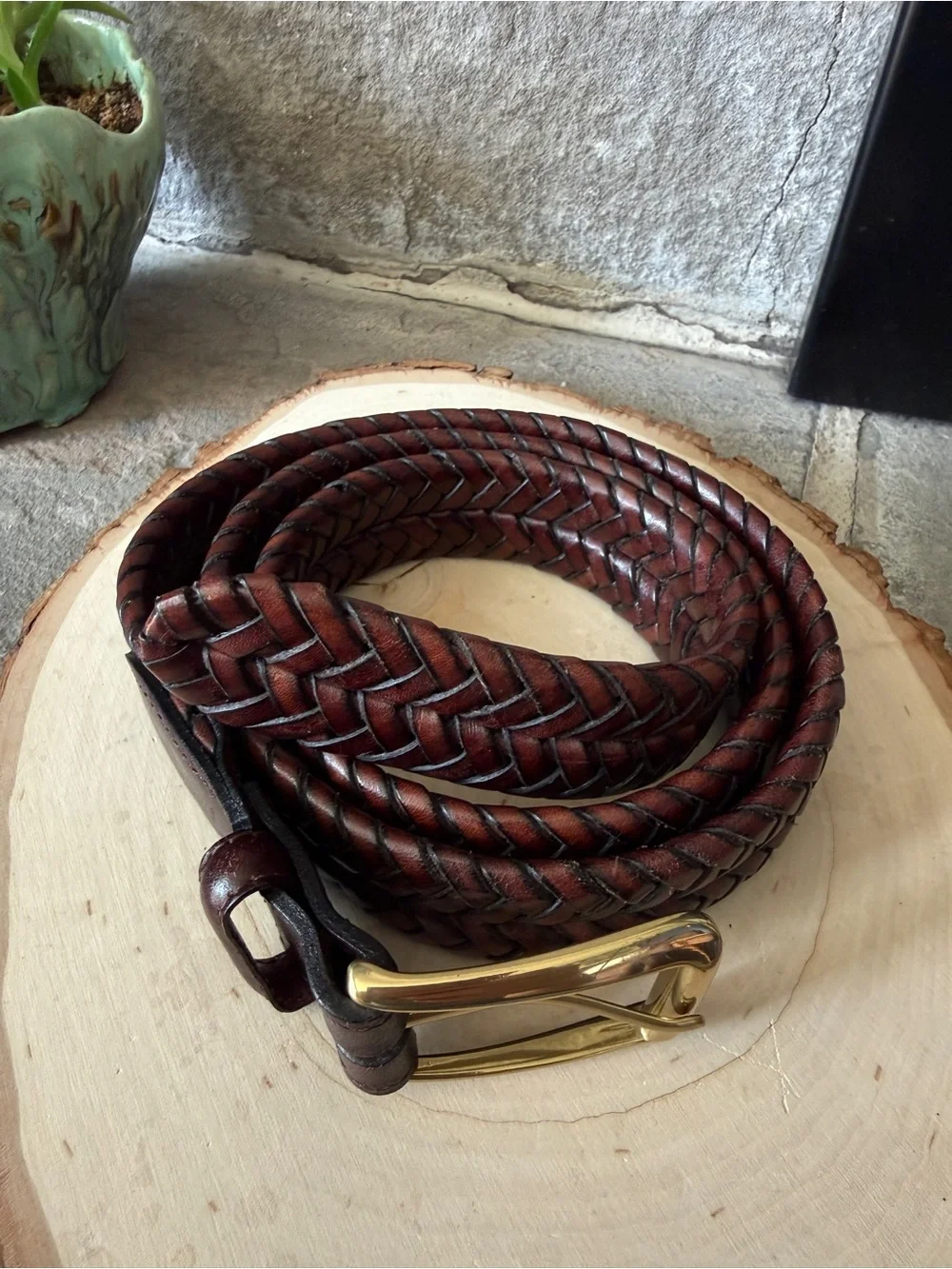 Land’s End Men's Braided Leather Belt in Dark Brown with Brass Buckle